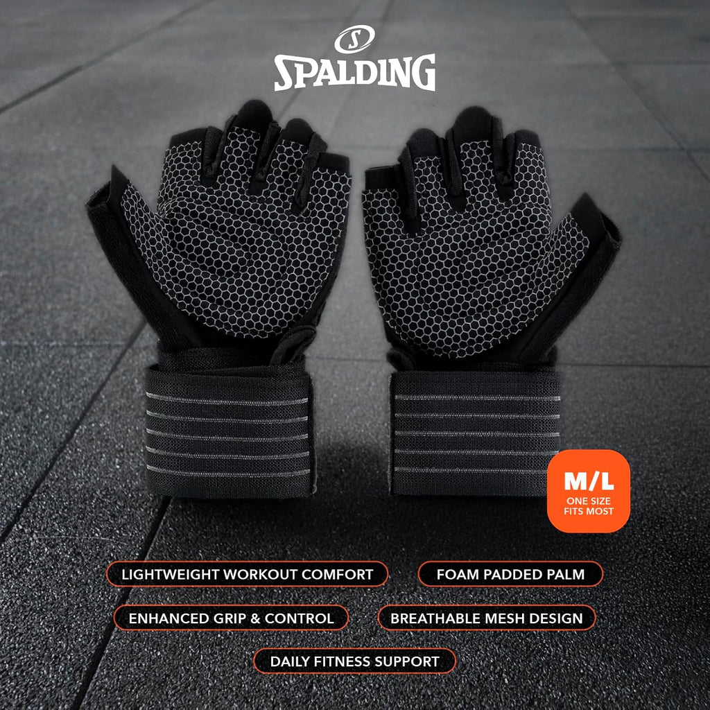 Spalding - Gym Gloves, Workout Gloves with Foam Padded Palm for Grip, Lightweight Breathable, One Size Fitness Training Gloves for Weightlifting Exercise (Black)