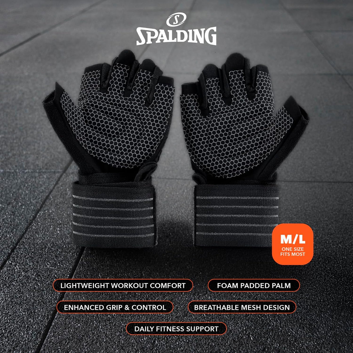 Spalding - Gym Gloves, Workout Gloves with Foam Padded Palm for Grip, Lightweight Breathable, One Size Fitness Training Gloves for Weightlifting Exercise (Black)