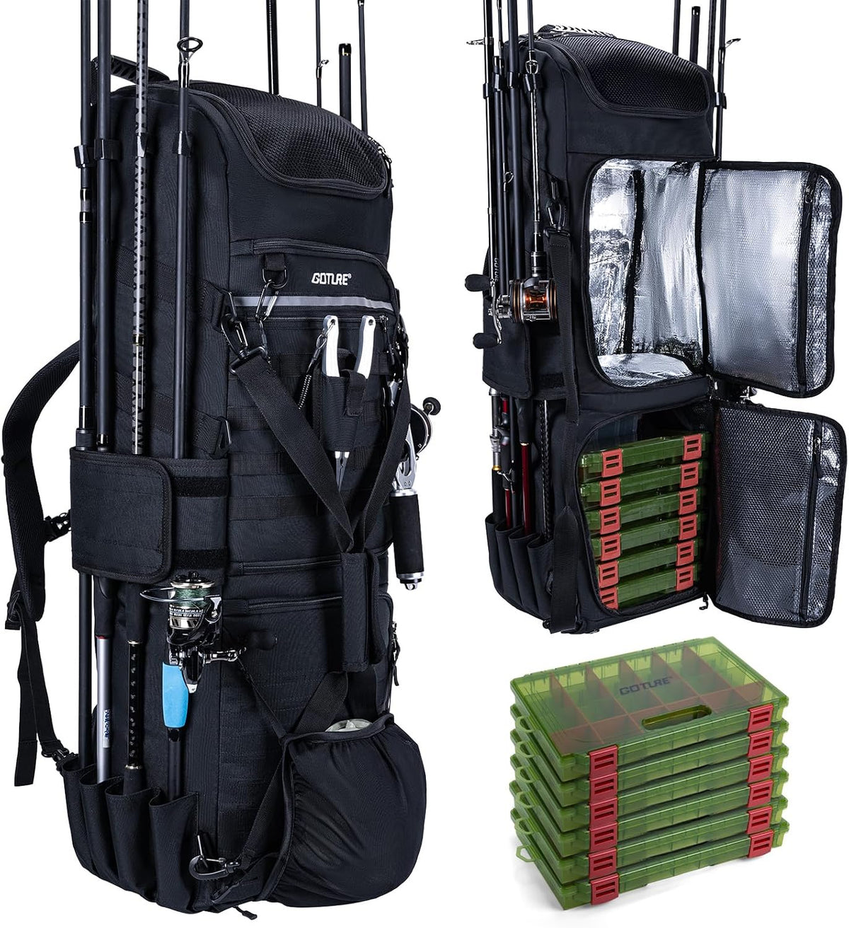 Goture 61L Large Fishing Backpack Tackle Bag, 3-Layer with 6 Tackle Boxes Included