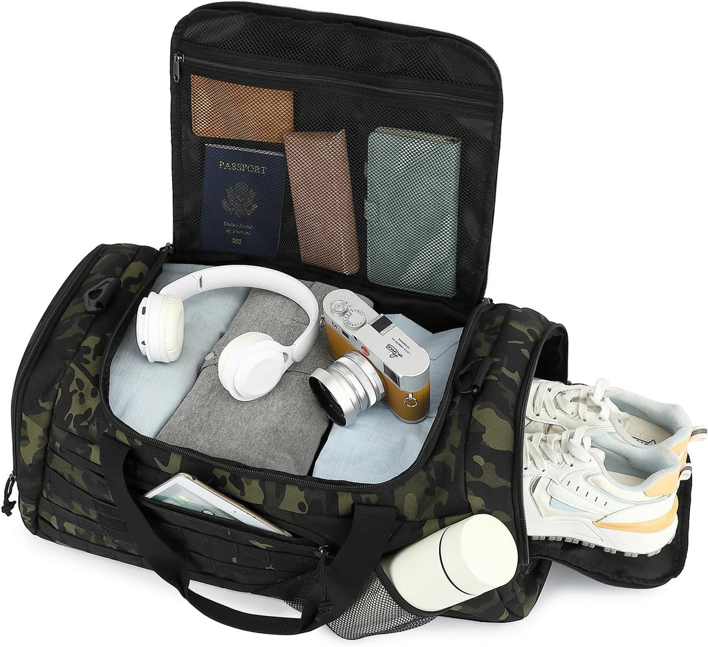 3-in-1 Tactical Gym & Travel Duffle Bag Backpack Men Multi-Functional 45L Military Sports Duffle Bag with Shoe Compartment & Wet Pocket for Workout Weekender Overnight Bag with Molle Webbing, Camo