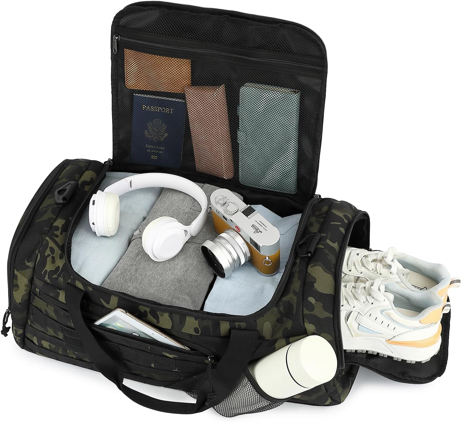 3-in-1 Tactical Gym & Travel Duffle Bag Backpack Men Multi-Functional 45L Military Sports Duffle Bag with Shoe Compartment & Wet Pocket for Workout Weekender Overnight Bag with Molle Webbing, Camo