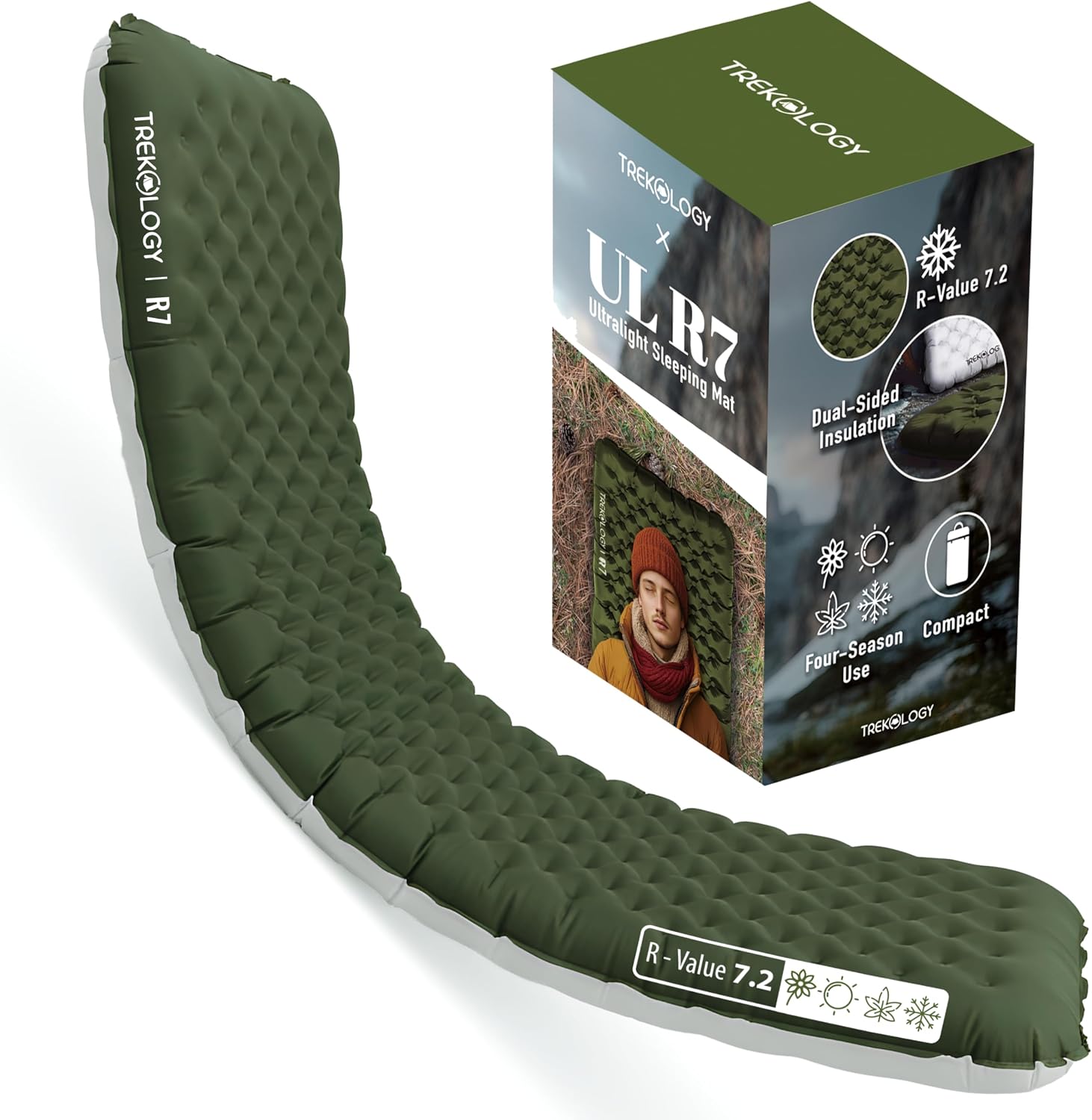 TREKOLOGY Sleeping Pad for Camping– Ultra-Lightweight, 4" Thick Camping Mat with 7.2 R-Value for All Seasons (Blue)
