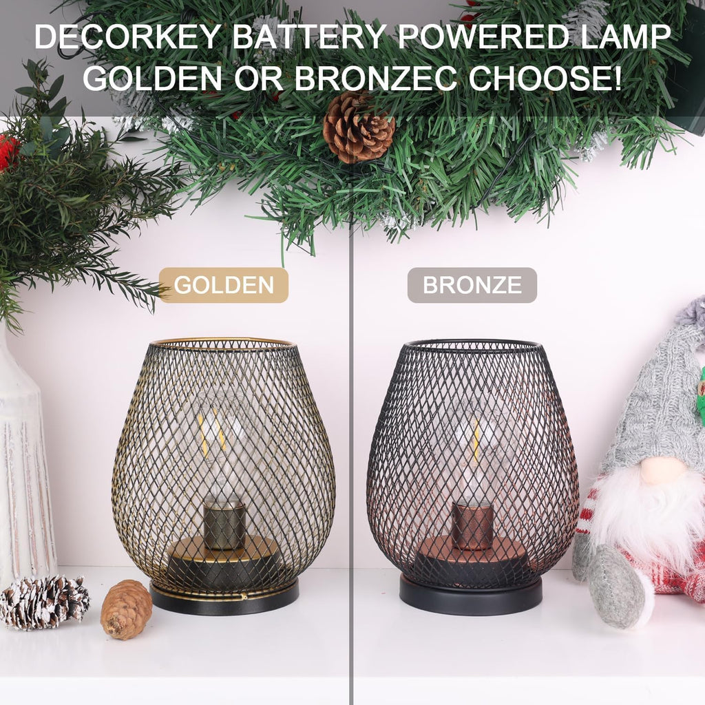 Set of 2 Battery Operated Lamp LED Table Lantern, Brown Metal Cage Cordless Lamps with LED Bulb，Vintage Decorative Outdoor Lantern for Weddings, Parties, Patio, Events for Indoors Shelf Decor
