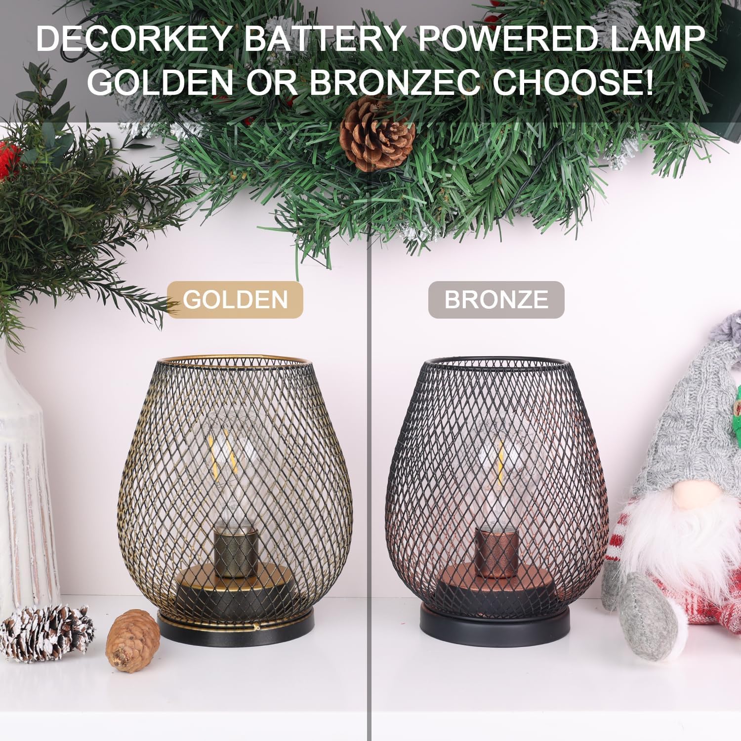 Set of 2 Battery Operated Lamp LED Table Lantern, Brown Metal Cage Cordless Lamps with LED Bulb，Vintage Decorative Outdoor Lantern for Weddings, Parties, Patio, Events for Indoors Shelf Decor