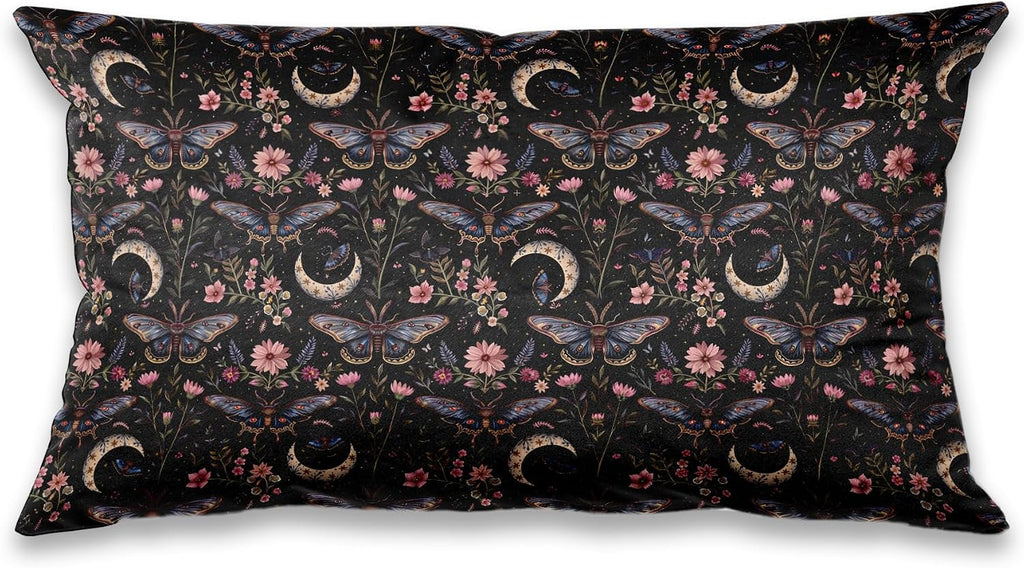 Mystical Gothic Boho Moody Moth Moon Pillow Covers 12x20, Dark Academia Floral Butterfly Throw Pillowcases, Witchy Cottagecore Pillow Cover Decor for Bedroom Living Room Couch, Double-Sided
