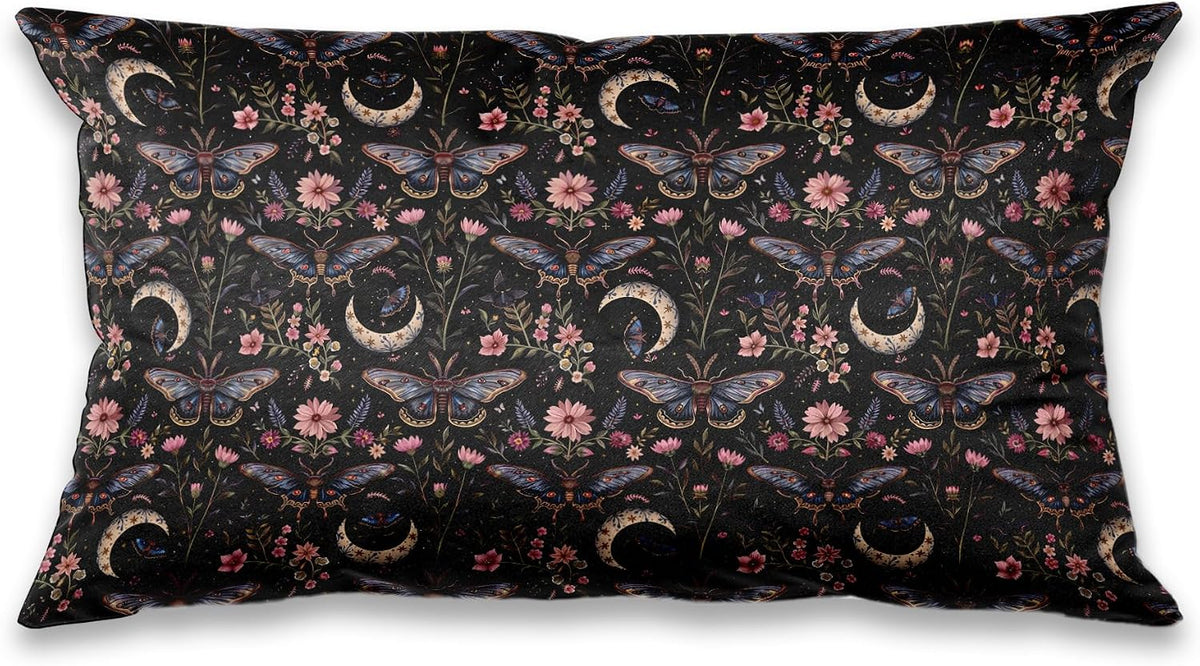 Mystical Gothic Boho Moody Moth Moon Pillow Covers 12x20, Dark Academia Floral Butterfly Throw Pillowcases, Witchy Cottagecore Pillow Cover Decor for Bedroom Living Room Couch, Double-Sided