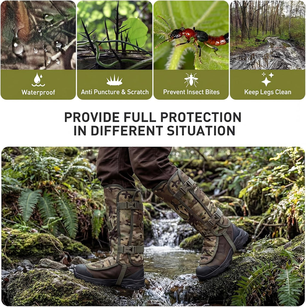 LOOGU Snake Gaiters, Waterproof Oxford Leg Guards with 12 Individual PE Boards, Curved Upper, Reinforced Instep Strap, Adjustable Double Buckles, Camo for Hunting Hiking Trekking