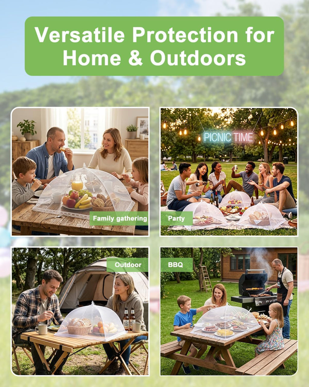 Food Covers for Outside - 2 Extra Large (40 x 25 in) & 6 Large (17 x 17 in) Pop-Up Umbrella Screen Tents- Breathable Outdoor Mesh Food Covers & Picnic Essentials - Collapsible Mesh Food Tent