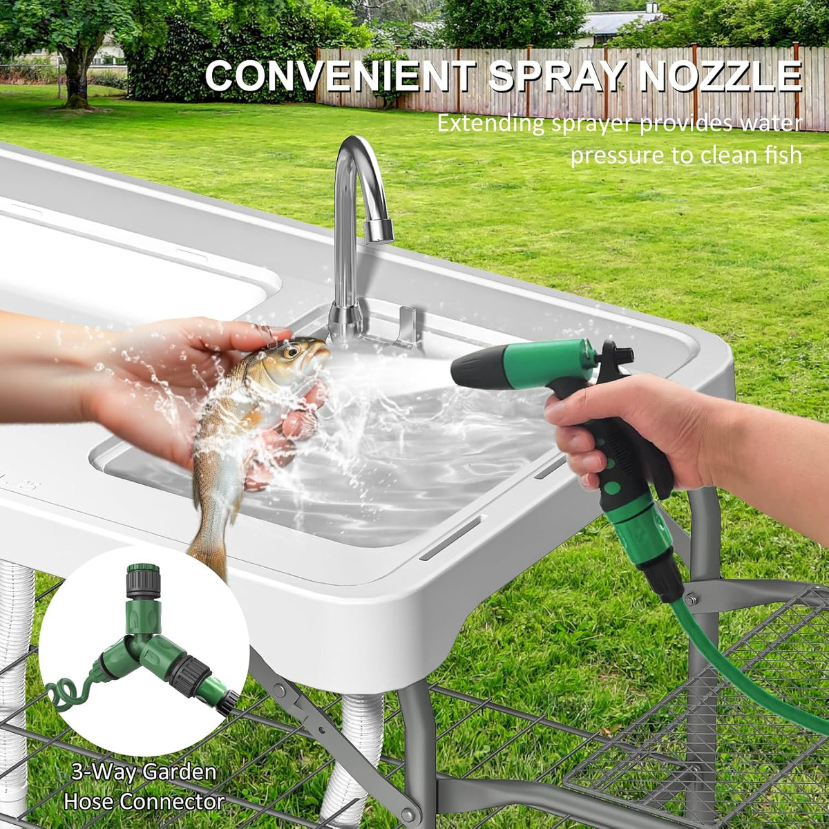 42.5" Fish Cleaning Table with Dual Sink for Camping, Picnic, White