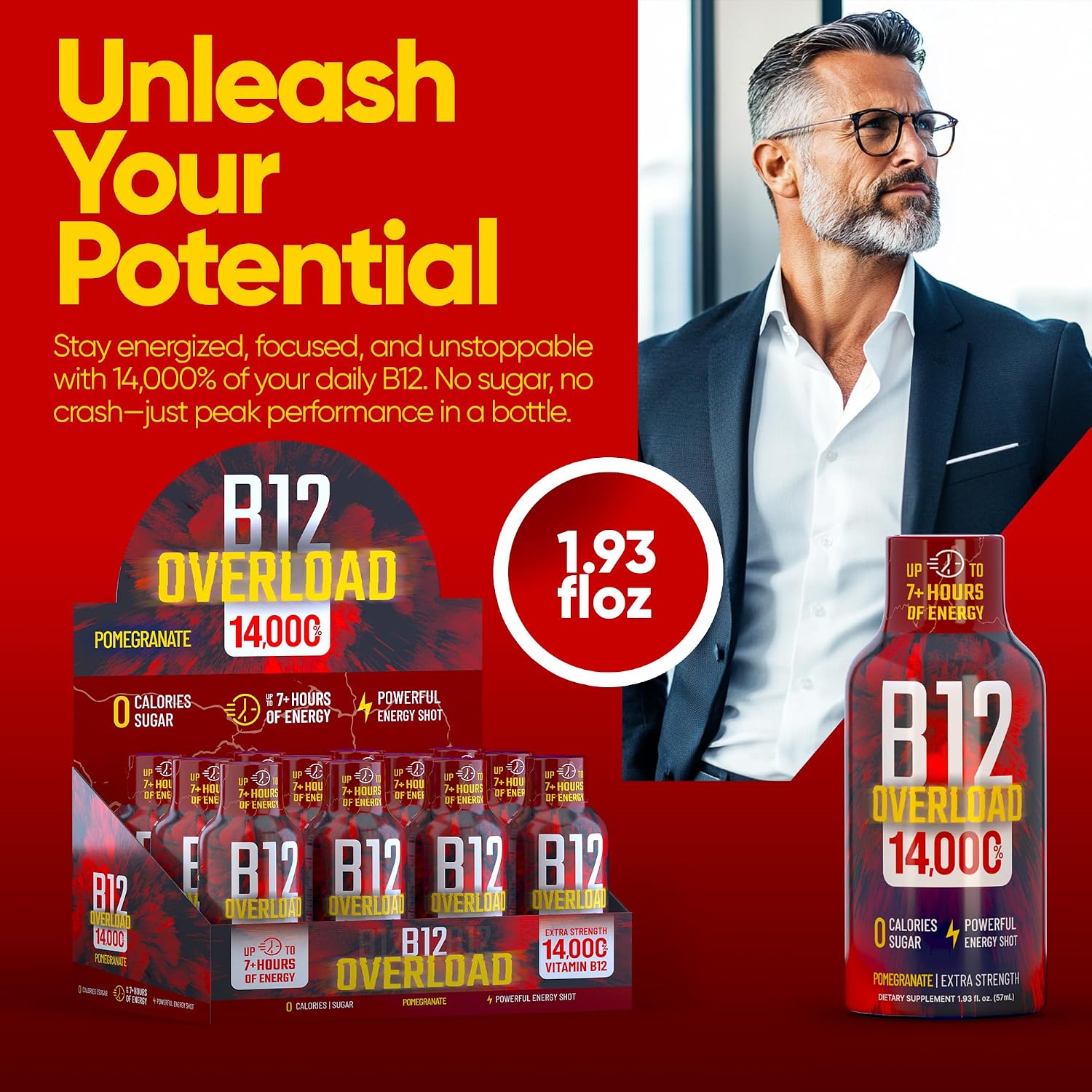 B12 Overload Extra Strength Energy Shot – Pomegranate – 260mg Caffeine, 14000% B12, Electrolytes – Energy & Vitality Support – Zero Sugar No Calories – Vegan, Kosher, Gluten-Free – 1.93 fl oz, 24-Pack