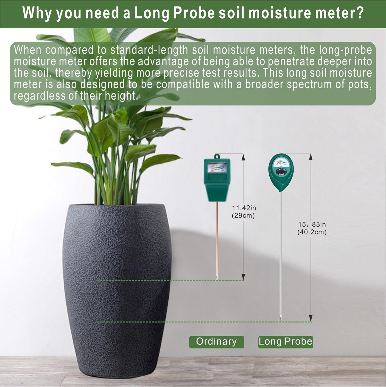 XLUX Long Probe Plant Soil Moisture Meter, Indoor Outdoor use, Battery-Free | longer stem for deeper use, instant read, anti-rust 304 SST probe, Easy-to-Read Display, Single-Probe, less hurts to roots
