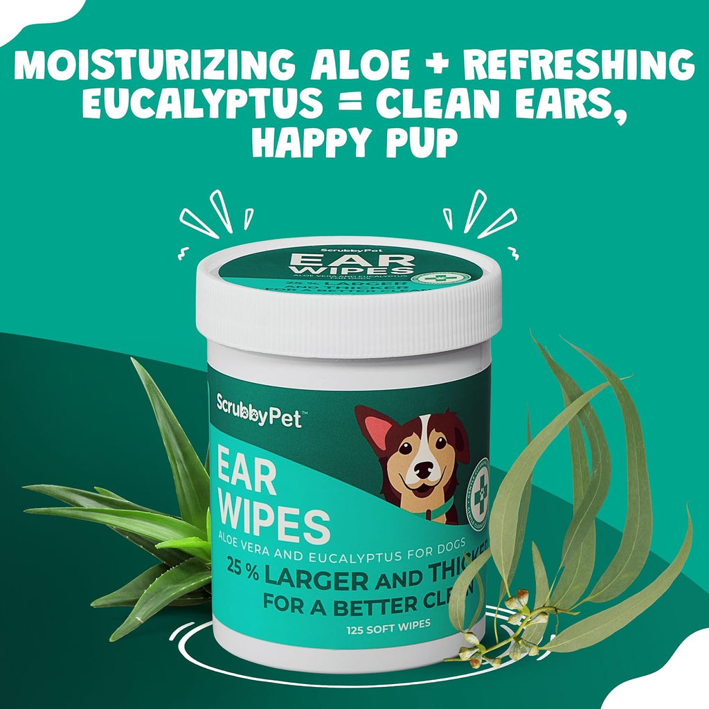 Scrubby Pet Dog Ear Wipes for Dogs | Extra Thick with Aloe Vera & Eucalyptus | 125 Count | Hypoallergenic Ear Cleaner for Dogs with Pearl Texture for Deeper Clean