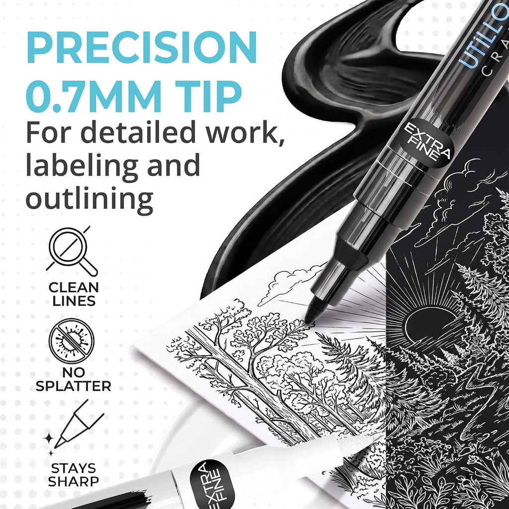 Utillo Craft Black and White Paint Pens (8-Pack), 0.7mm Extra Fine Markers