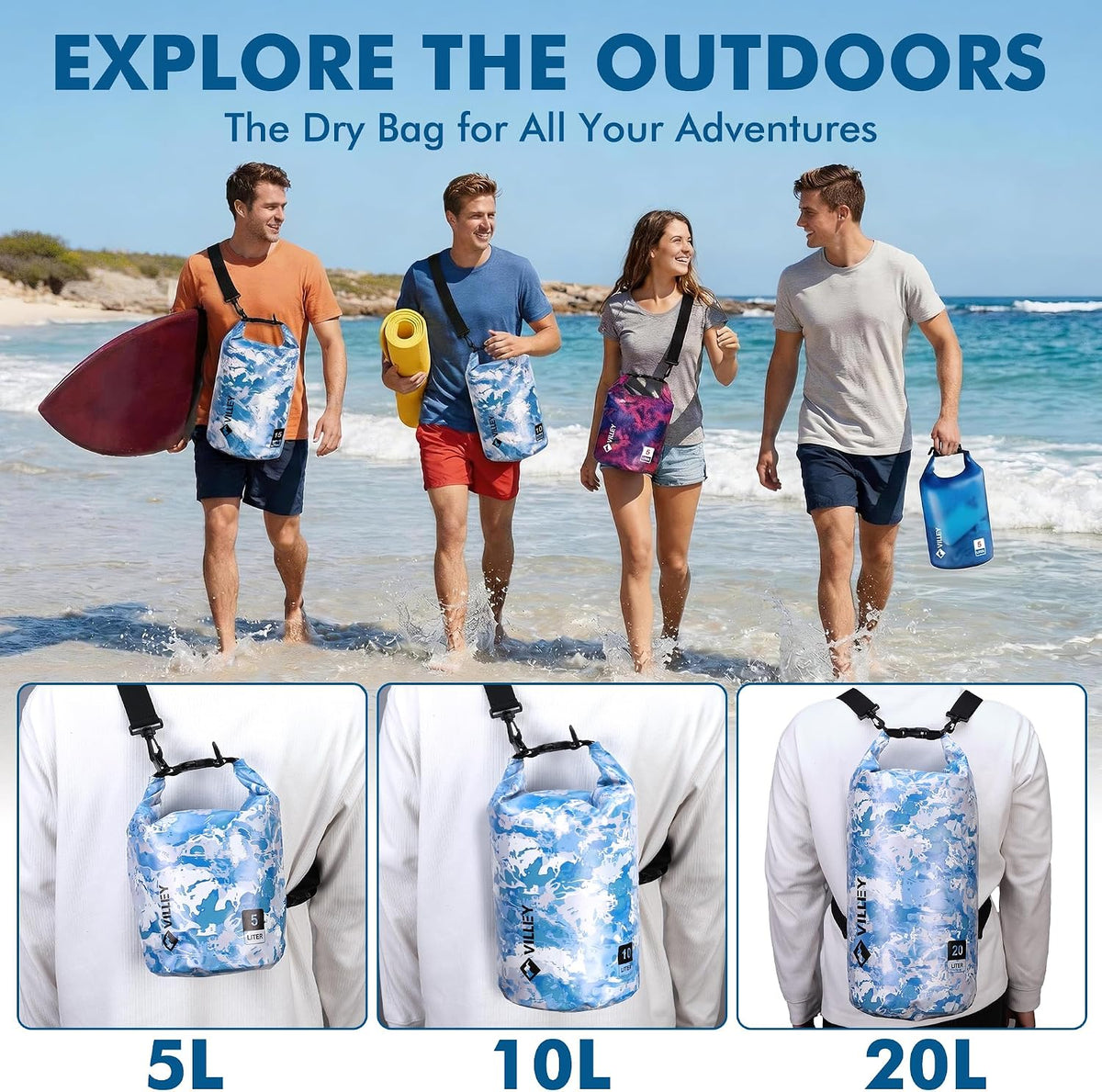 VILLEY Dry Bag Waterproof 20L Roll Top Blue Camo Kayaking Boating Backpack | Keeps Gear Dry, Lightweight Backpack, Kayaking Boating Camping Swimming and Beach Accessories, Blue Camo