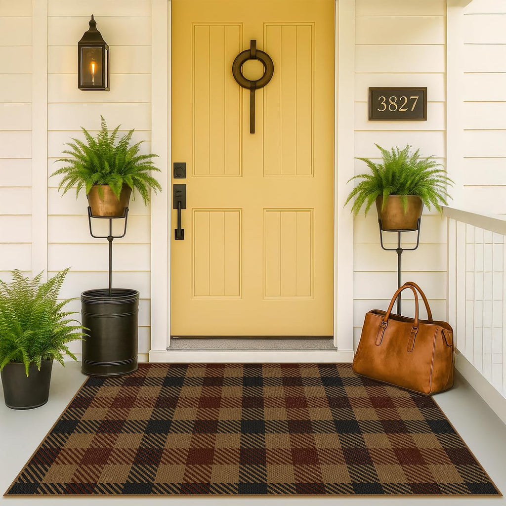 JTJ Easy Jute 3x5 Outdoor Rug, Black & Brown Plaid, Washable