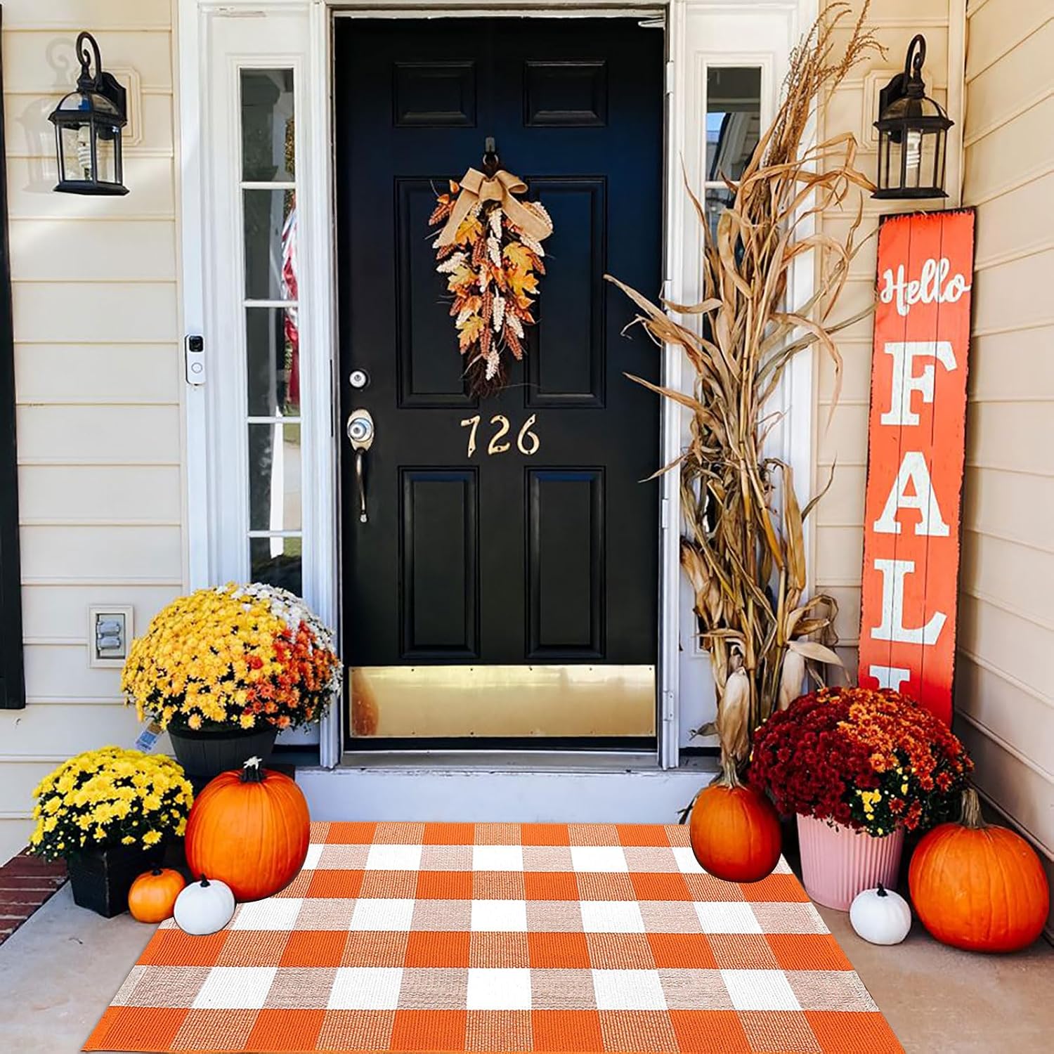 Fall Outdoor Rug Orange Buffalo Plaid Outdoor Rug Cotton Hand-Woven Buffalo Check Rug Layered Doormats for Front Door/Front Porch/Farmhouse/Entryway/Patio(Orange and White Plaid, 27.5'' x 43'')
