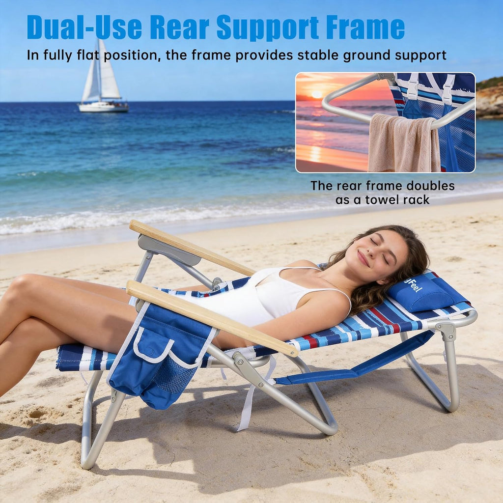 SUNNYFEEL Tall Beach Chair, Reclining Beach Chair with 5-Position, Portable Camping Chair for Adults with Wood Armrest, Lightweight Camping Chair 300 lbs Heavy Duty, Blue Stripe, 2 Pack