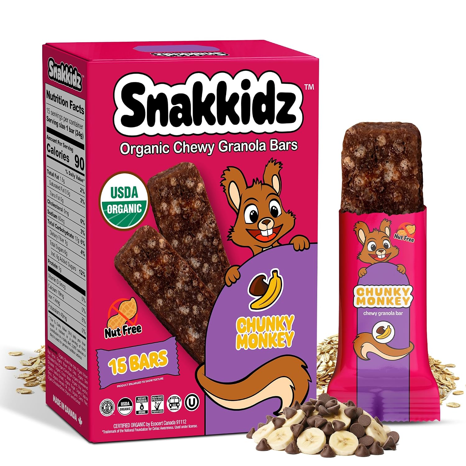 Snakkidz Organic Granola Bars, Strawberry, Seed oil free, 45 Bars