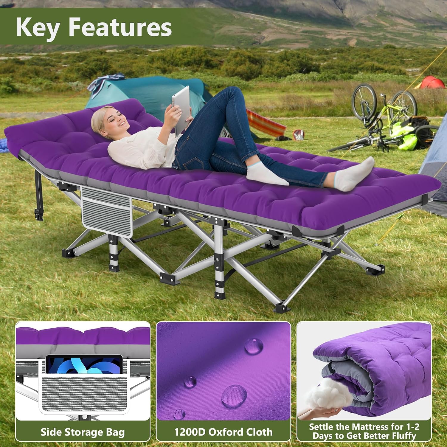 Slendor Folding Camping Cot with Mattress for Adults, 500lbs Portable Bed