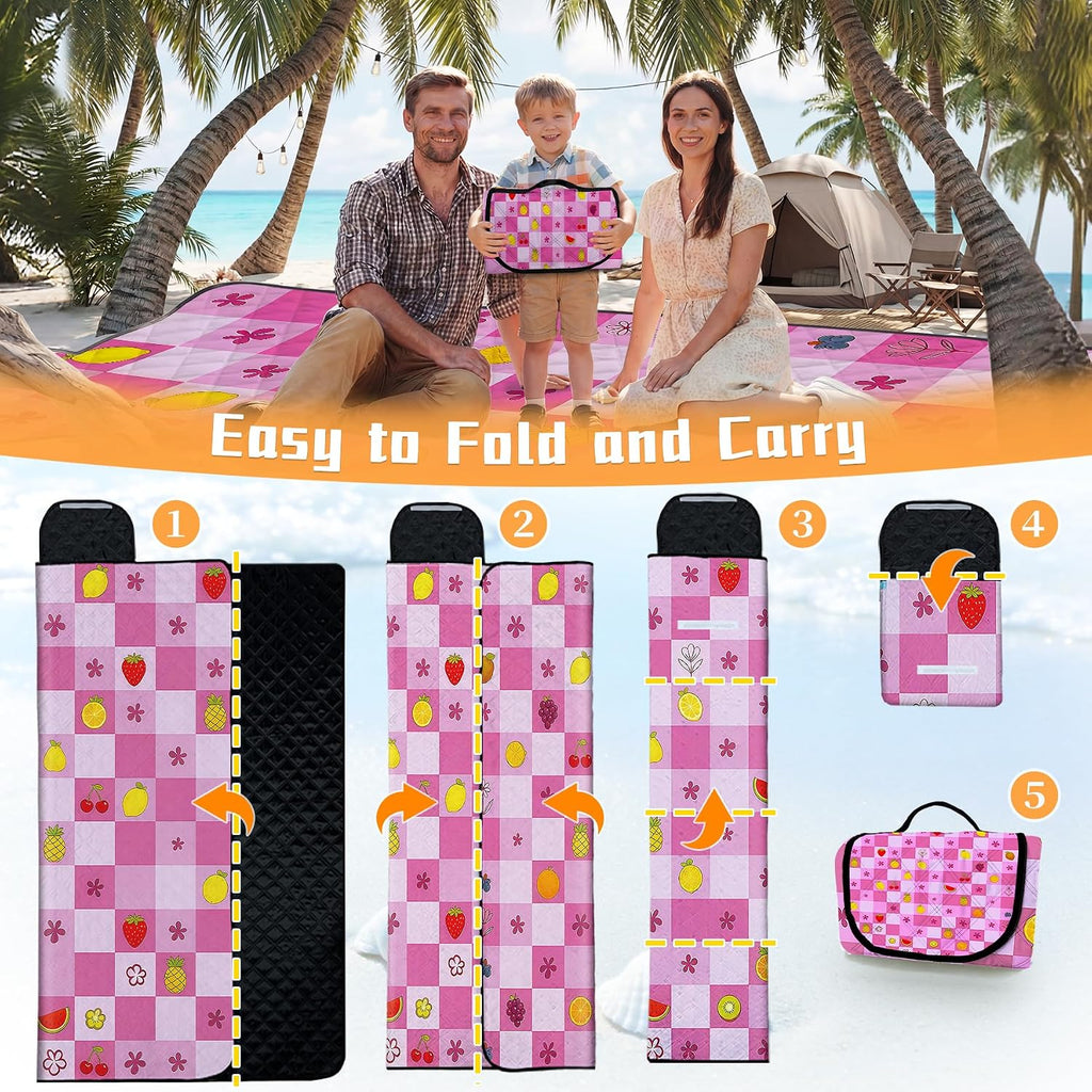 Picnic Blankets Outdoor Blanket,80"x 80" Extra Large Waterproof Sandproof Foldable Beach Blanket Grid Picnic Mat for Camping,Lawn,Park(Deep Pink)