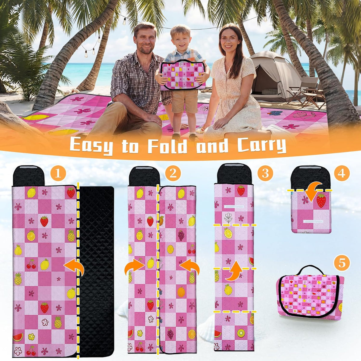 Picnic Blankets Outdoor Blanket,80"x 80" Extra Large Waterproof Sandproof Foldable Beach Blanket Grid Picnic Mat for Camping,Lawn,Park(Deep Pink)
