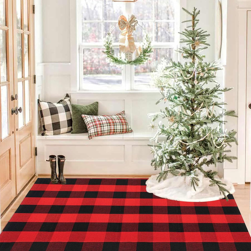 Christmas Door Mat Outdoor 35.4''x59'' Buffalo Plaid Christmas Decor Rug Cotton Hand-Woven Layered Door Mats Washable Carpet for Front Porch, Kitchen, Farmhouse, Entryway