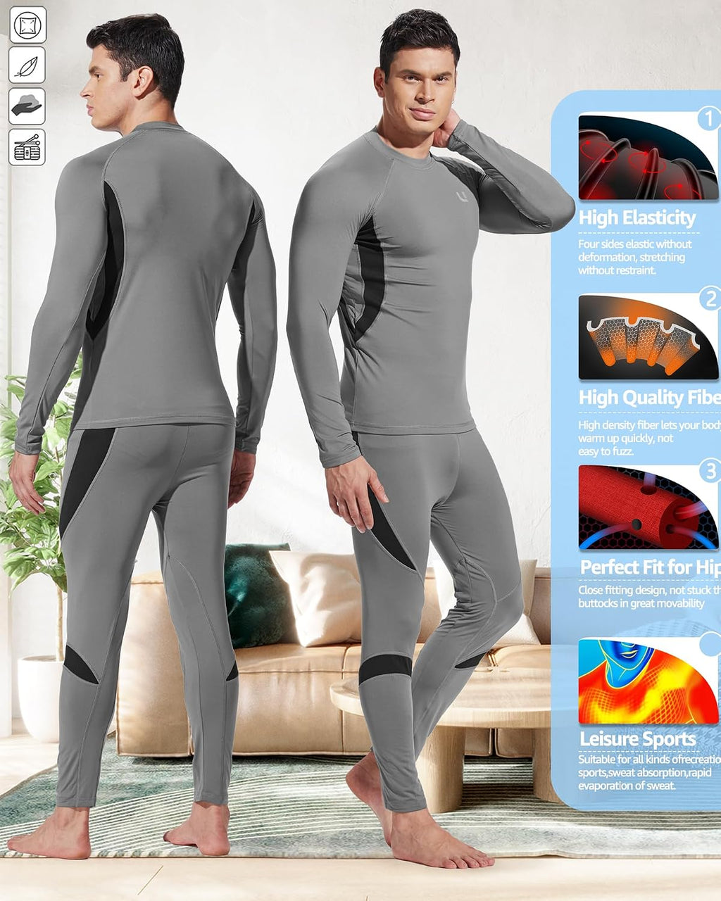 UNIQUEBELLA Men's Thermal Underwear Sets Top & Long Johns Fleece Sweat Quick Drying Thermo Base Layer