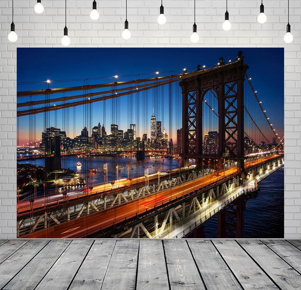 7x5ft Fabric New York Brooklyn Bridge Backdrop Night New York City Bridge River Building Lights Photography Background for NYC Travel Theme Party Decor Photo Studio Props