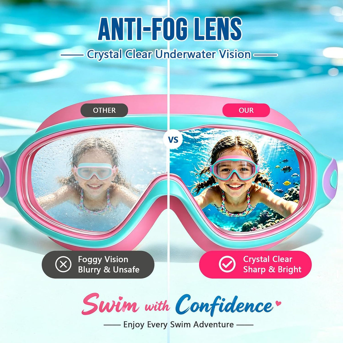 Kids Swim Goggles 2 Pack for Boys Girls 3-16,Wide View Swim Goggles with Anti-Fog UV Protection for Youth Toddler