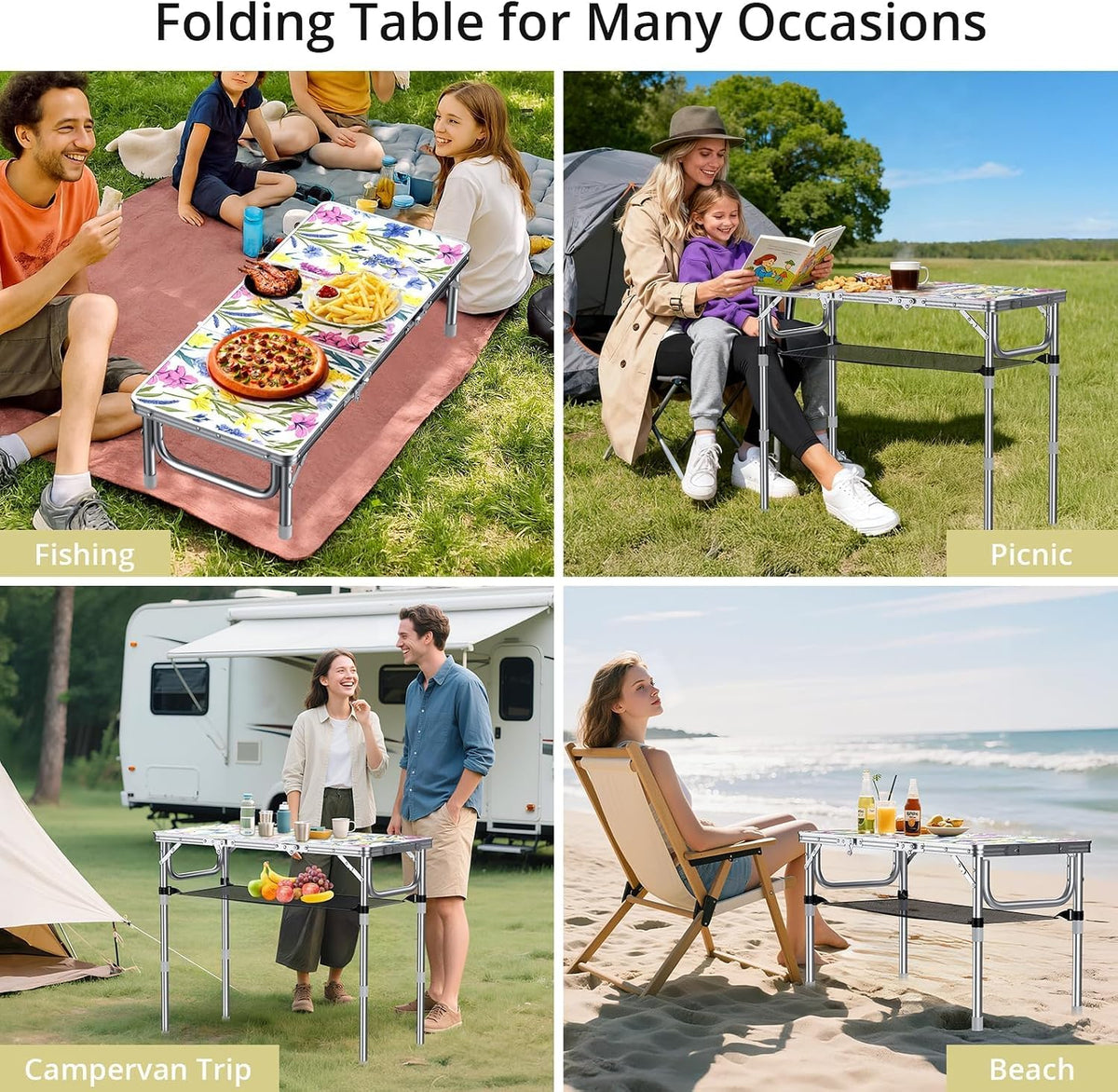 Anbte 3ft Folding Camping Table, 3 Adjustable Height Max 27.5",Floral Bloom