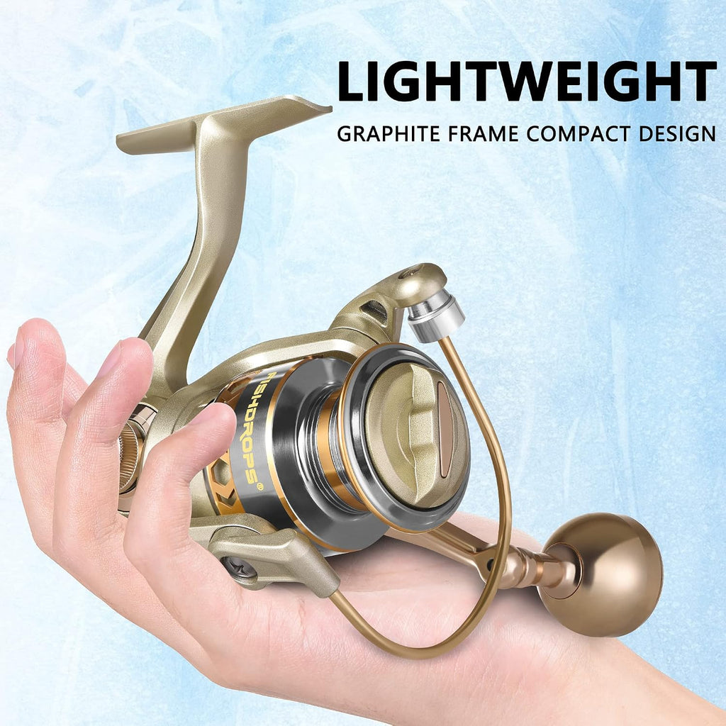 Fishdrops Spinning Fishing Reels, Lightweight Spinning Reel, 15.5 LBs Max Drag, 5.1:1/5.5:1 High Speed Ultra Smooth Powerful with CNC Aluminum Spool Fishing Reels Freshwater(Black/Gold)