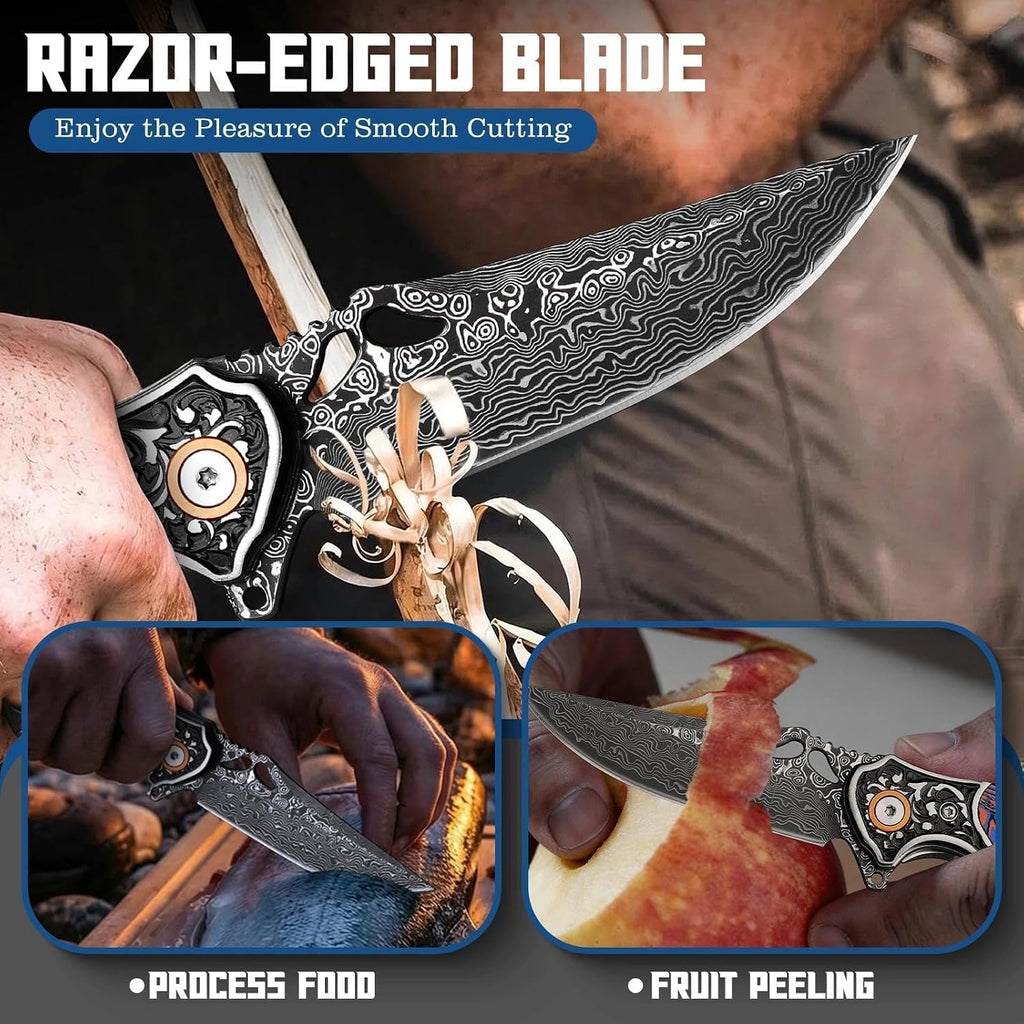 Freelander Damascus Folding Pocket Knife with G10 Handle - Gifts for Men