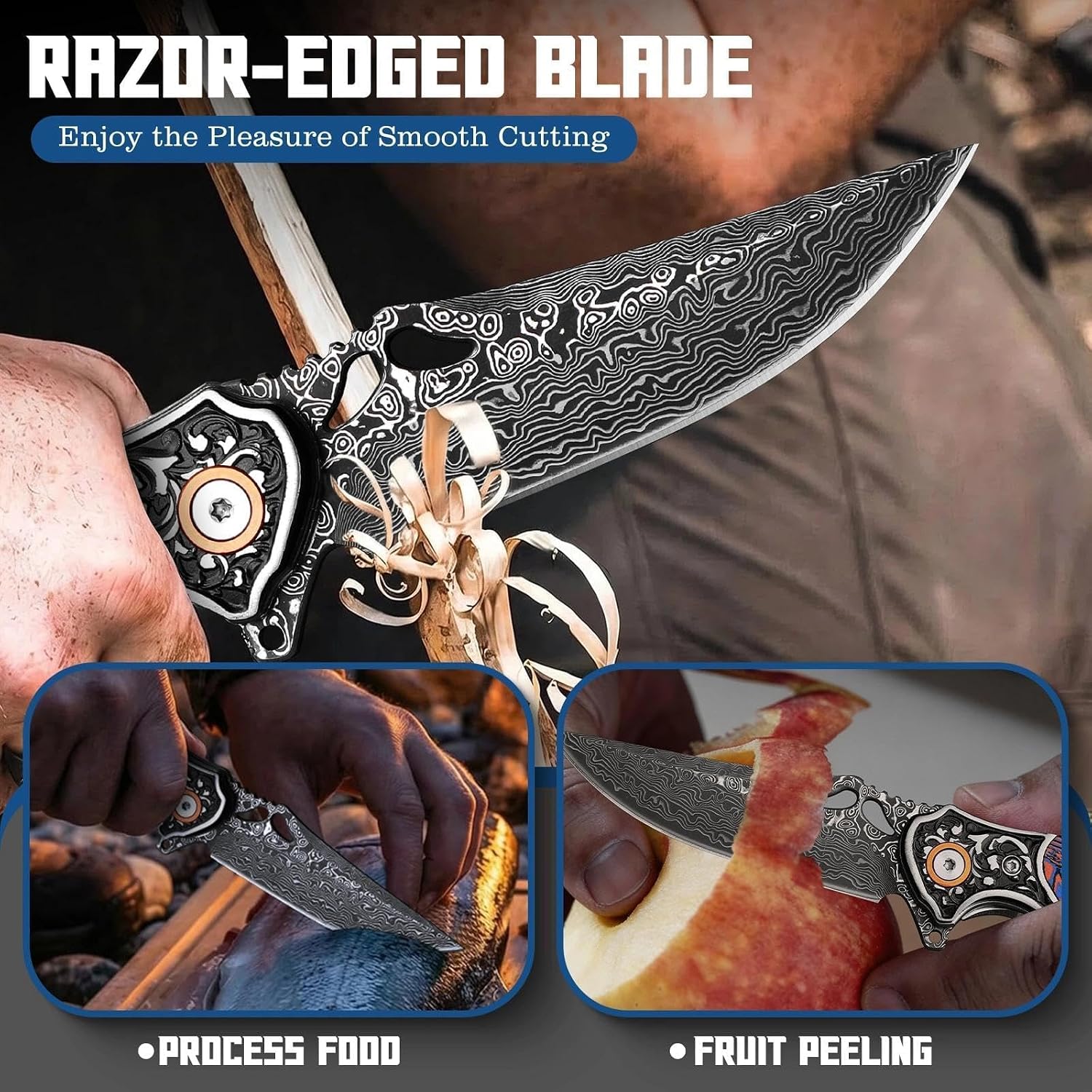 Freelander Damascus Folding Pocket Knife with G10 Handle - Gifts for Men