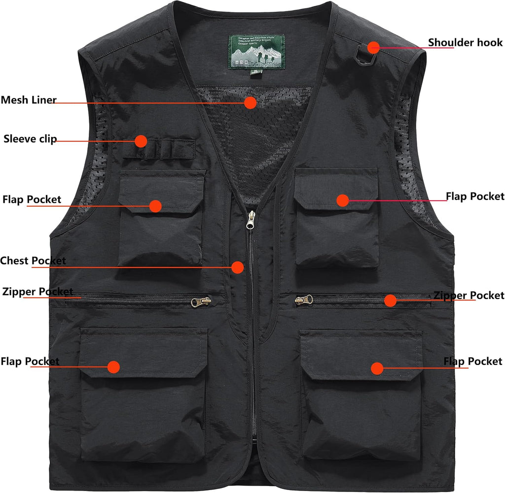 Men's Utility Fishing Cargo Vest Outdoor Lightweight Safari Travel Photo Vest Hiking Waistcoat With Multi Pockets