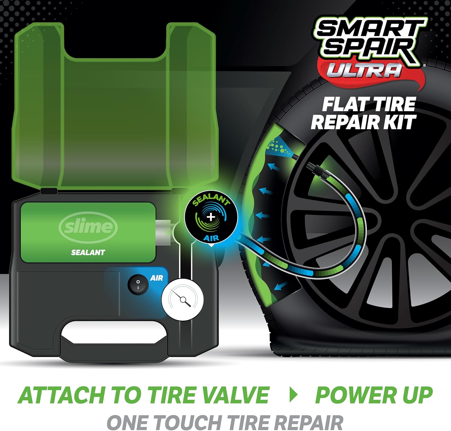 Slime 50159 Flat Tire Repair Kit, Smart Spair Ultra, All-in-one Solution, Repairs and Inflates, Truck/SUV, 15 Min Fix