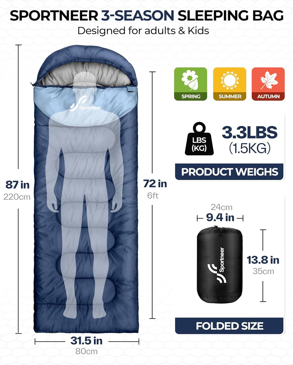 Sportneer Sleeping Bag for Adults Kid Waterproof lightweight Camping Hiking