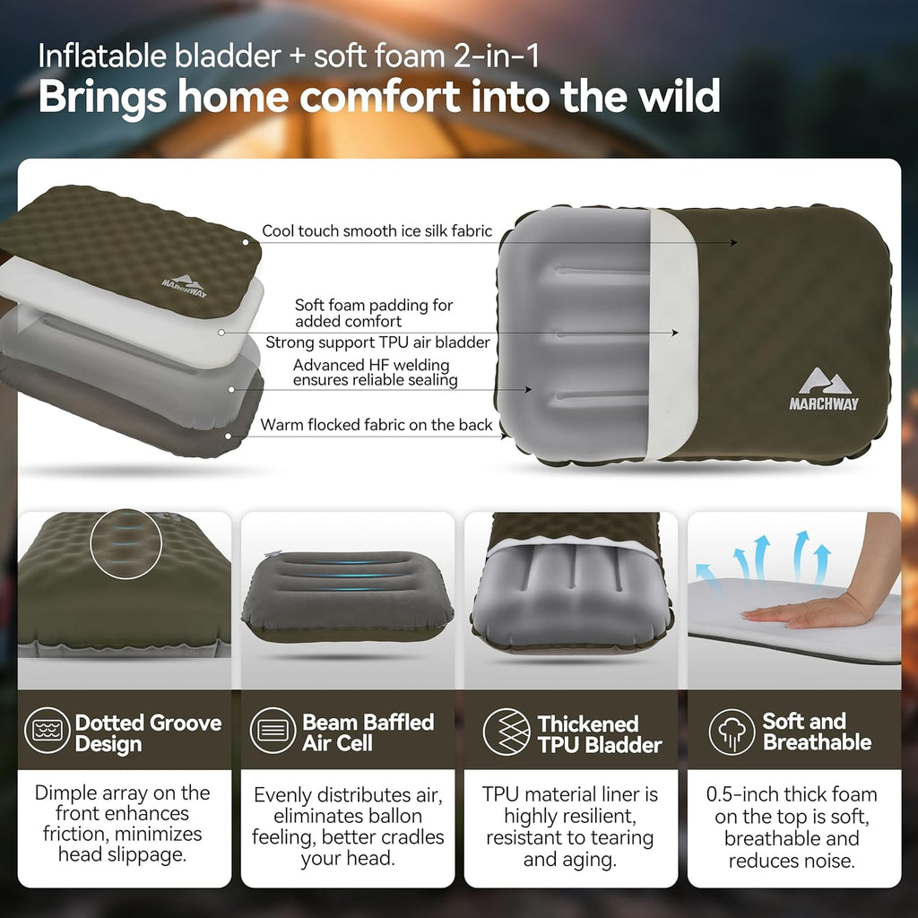 MARCHWAY Inflatable Camping Pillow with Soft Foam Top & TPU Air Bladder, Dual-Sided Support for All-Season, Lightweight Compact Travel Pillow for Hiking, Backpacking, Airplane, Car (Green)