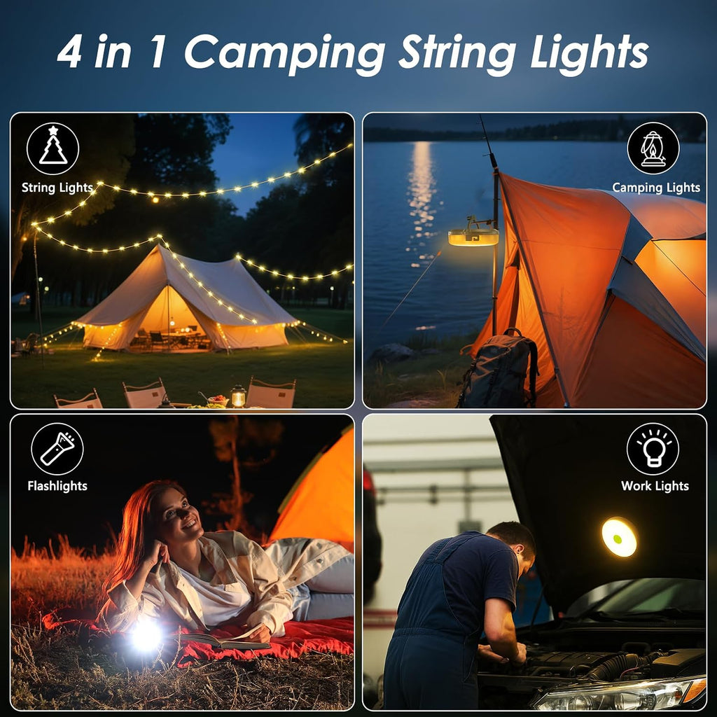 2 Pack Camping String Lights 4 in 1, 8 Modes Rechargeable Fairy Tent Lights