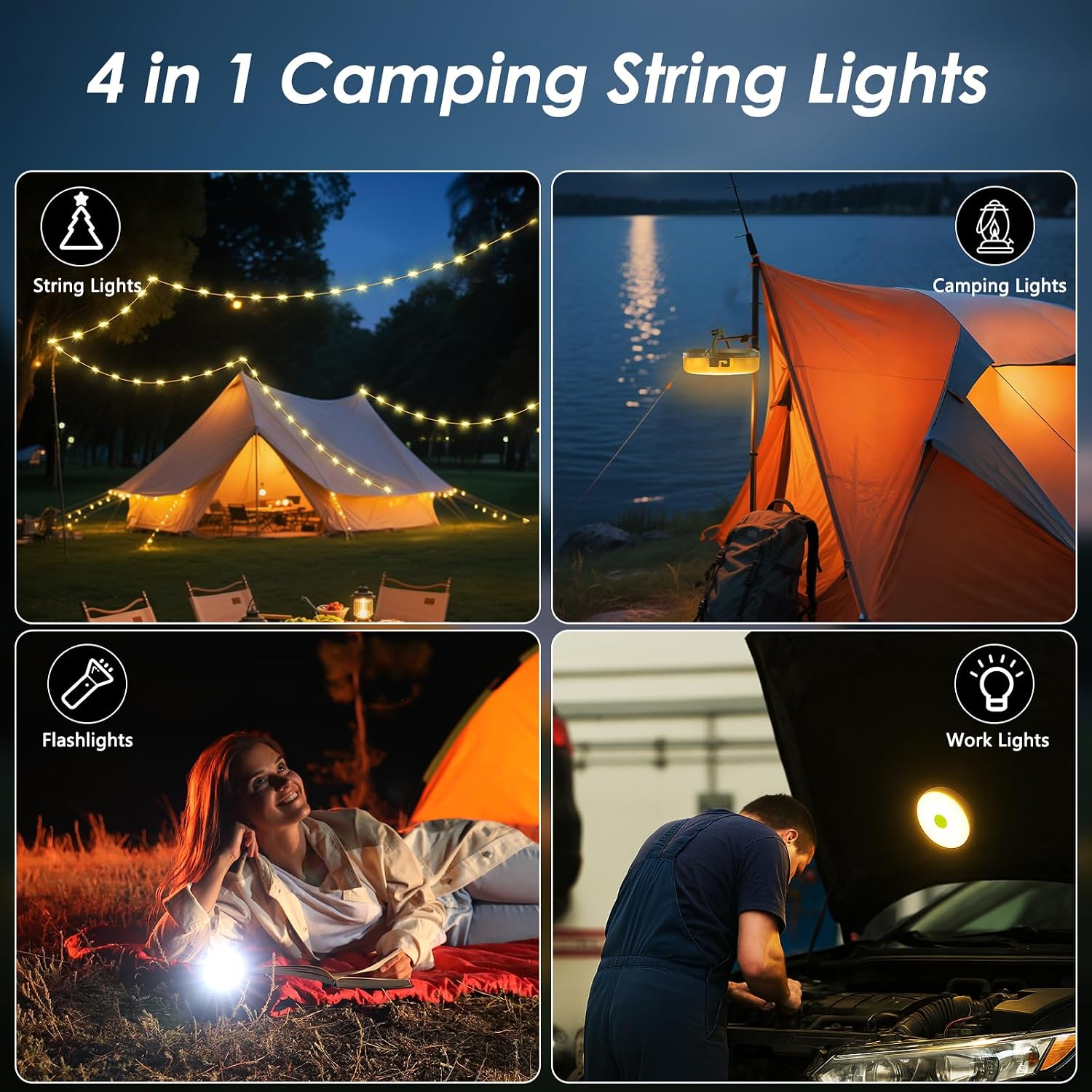 2 Pack Camping String Lights 4 in 1, 8 Modes Rechargeable Fairy Tent Lights