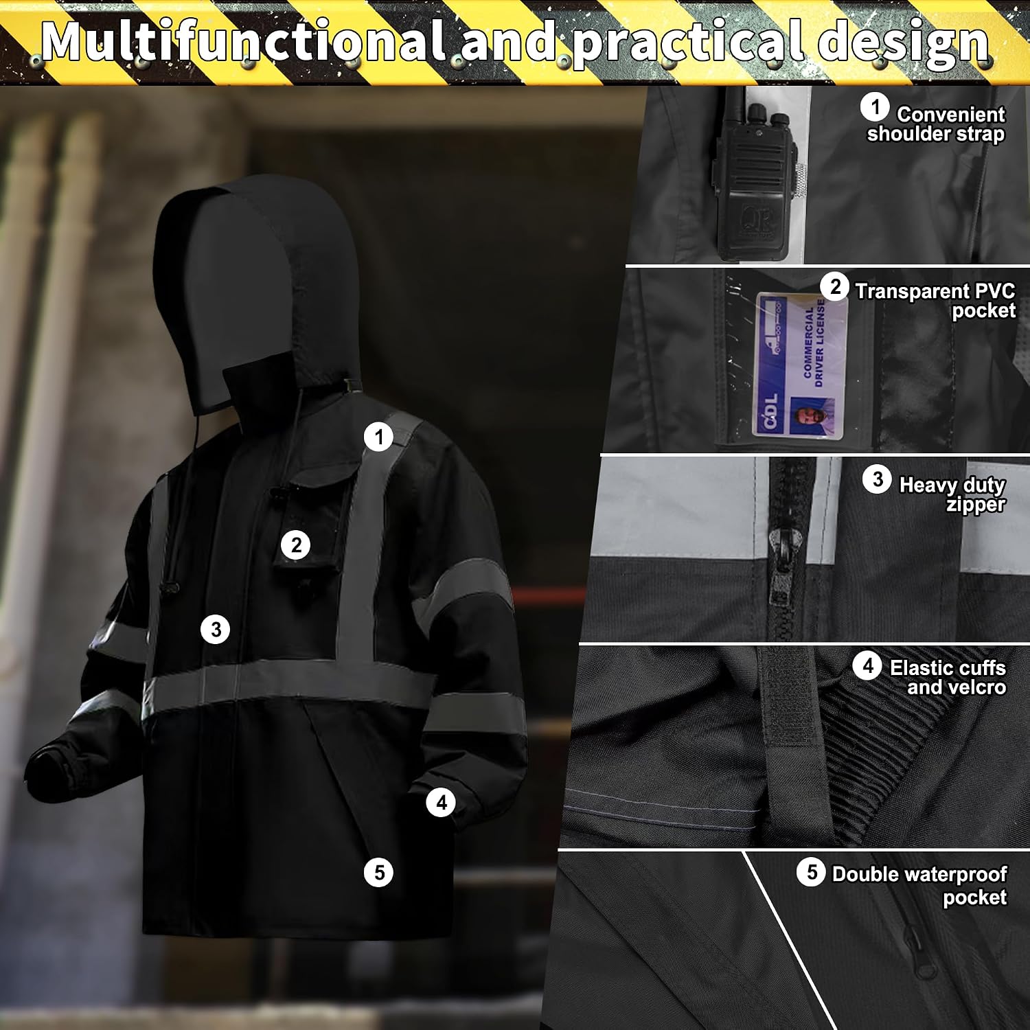 Hi-Vis Reflective Safety Rain Jacket and Pants for Men Women Waterproof Rain Gears with Inner Mesh Lining and pocket，Black L/XL