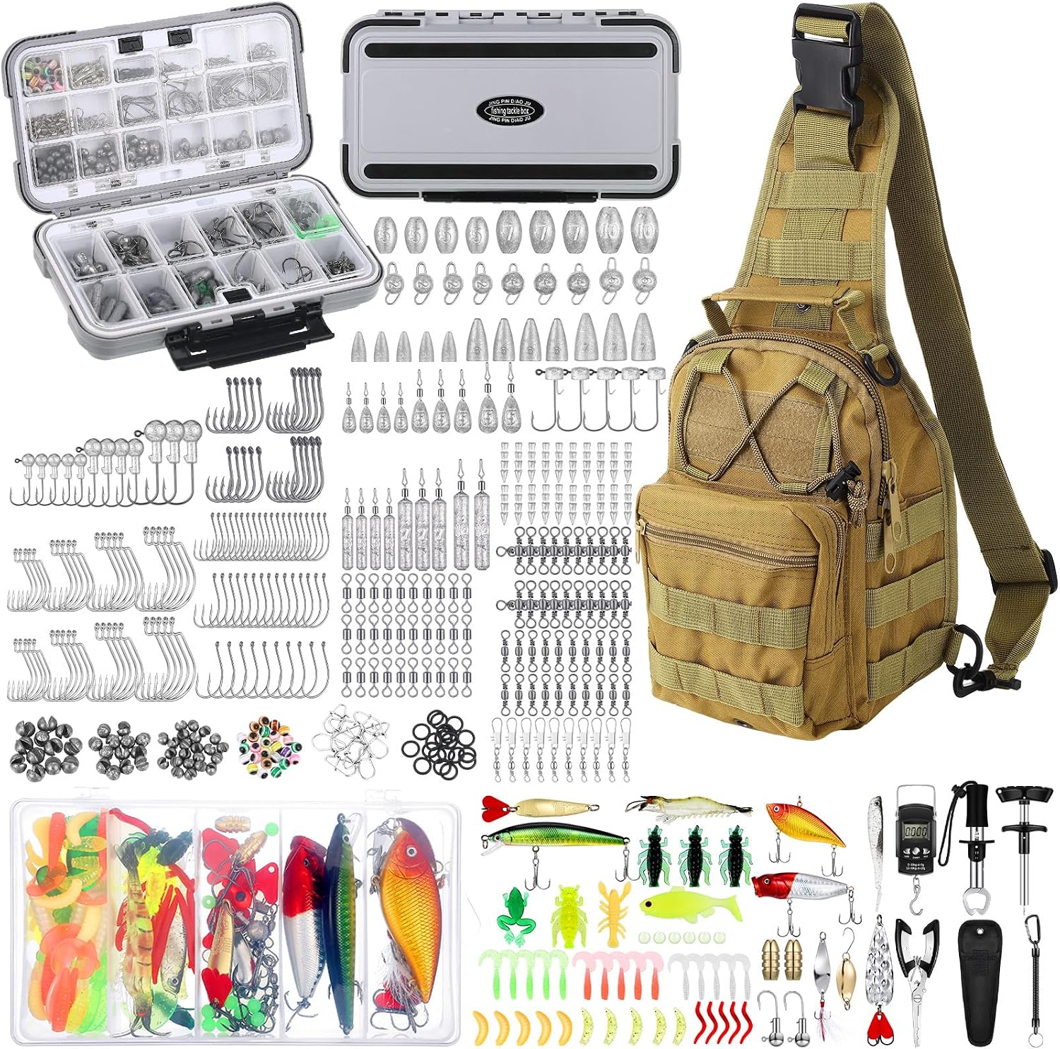 Sosation 482 Pcs Fishing Sling Tackle Bag Set Fish Tackle Box Backpack Storage Fishing Gear and Equipment Included Fish Hook Remover Tool Lures Lip Gripper, Gift for Men