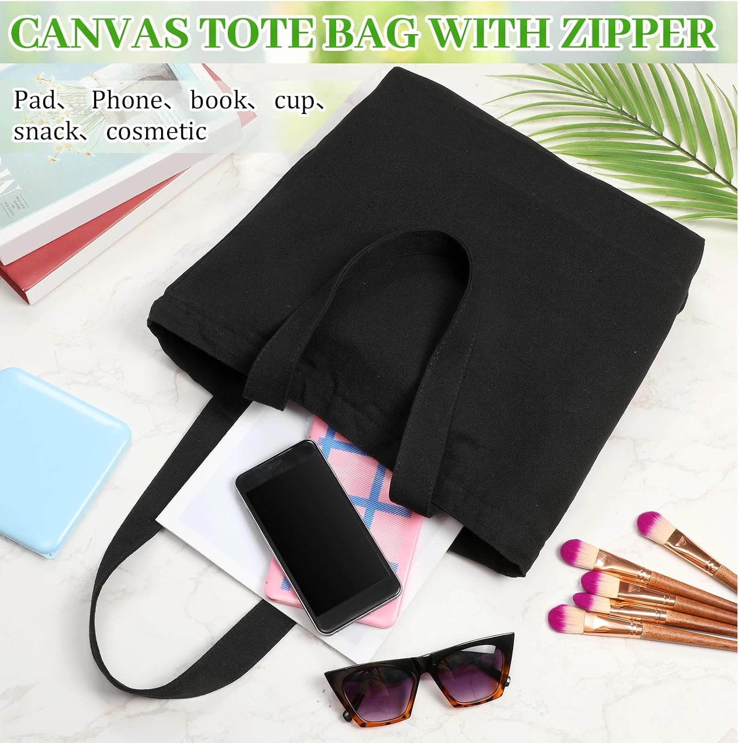 Silkfly 15 Pcs Canvas Tote Bags Bulk Blank Cotton Canvas Bag with Zipper Handles Reusable Plain Grocery Makeup Handbag for DIY(16.5x13.4'', Black)