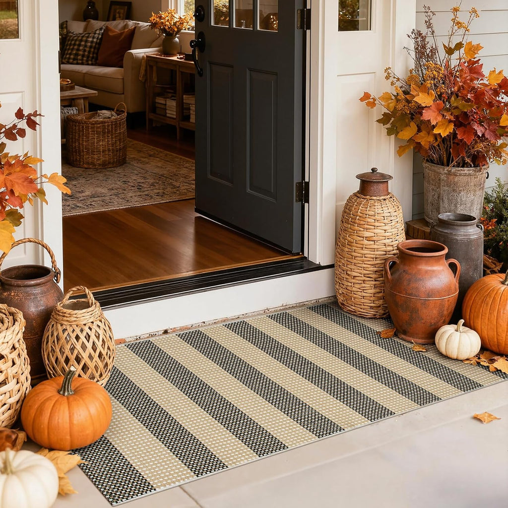Fall Front Door Mat 24"x51", Cotton Washable Striped Outdoor Rug