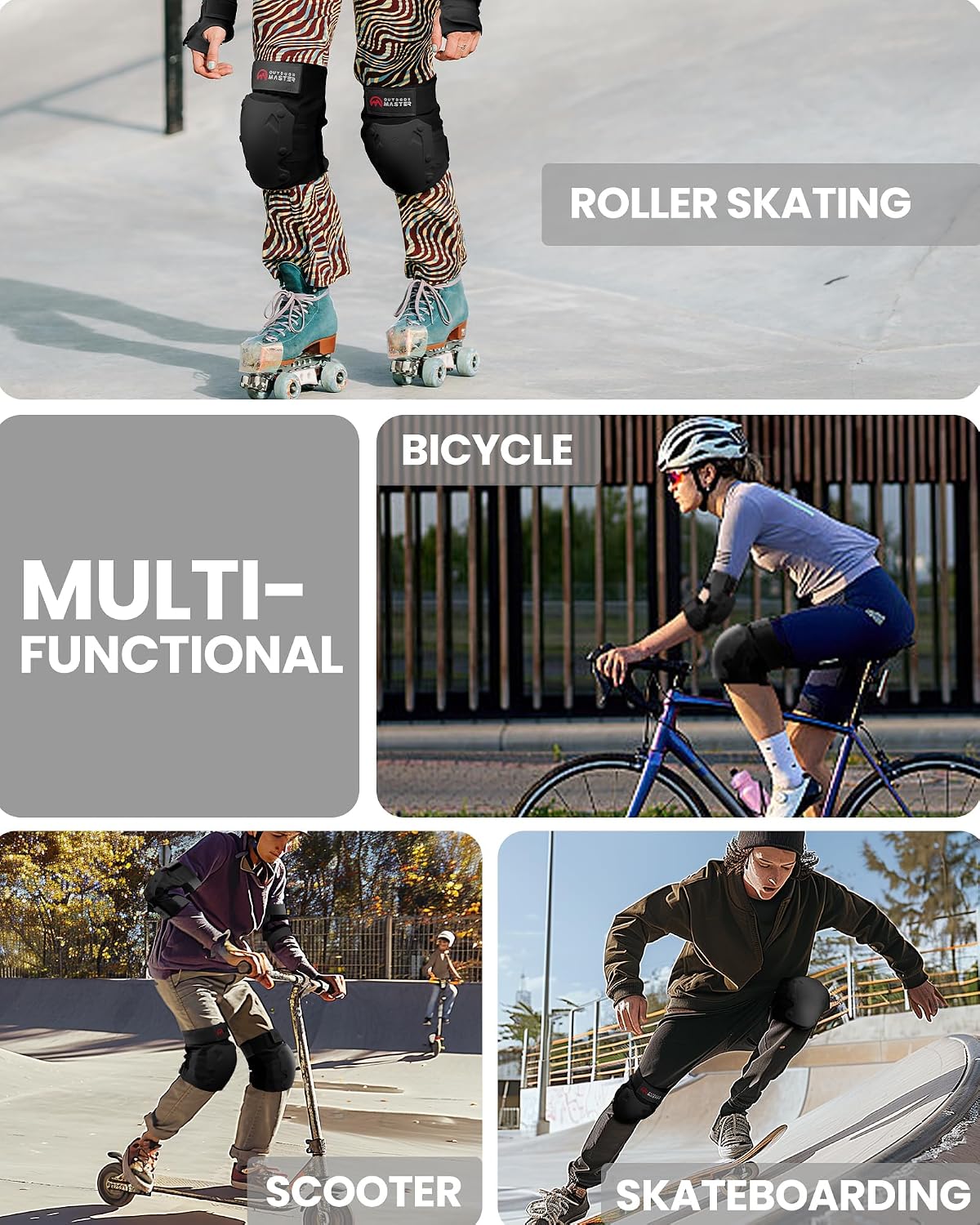 OutdoorMaster Skateboard Knee Pads Elbow Pads Wrist Guards for Adult Youth