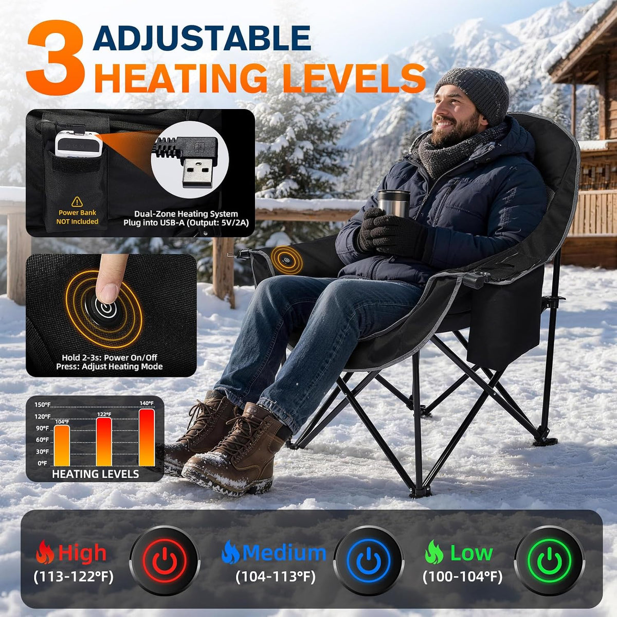 Heated Oversized Camping Chair, Heavy Duty Padded, Thick Headrest, Black