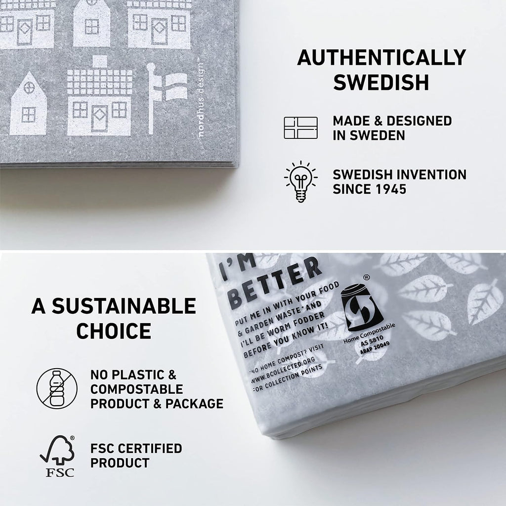 Nordhus Design Swedish Dishcloths,10 Grey Cloths, Made in Sweden - Reusable, Washable Cellulose Cotton Kitchen Cloths - Replace Paper Towels, Wipes, Sponges, Dish Rags