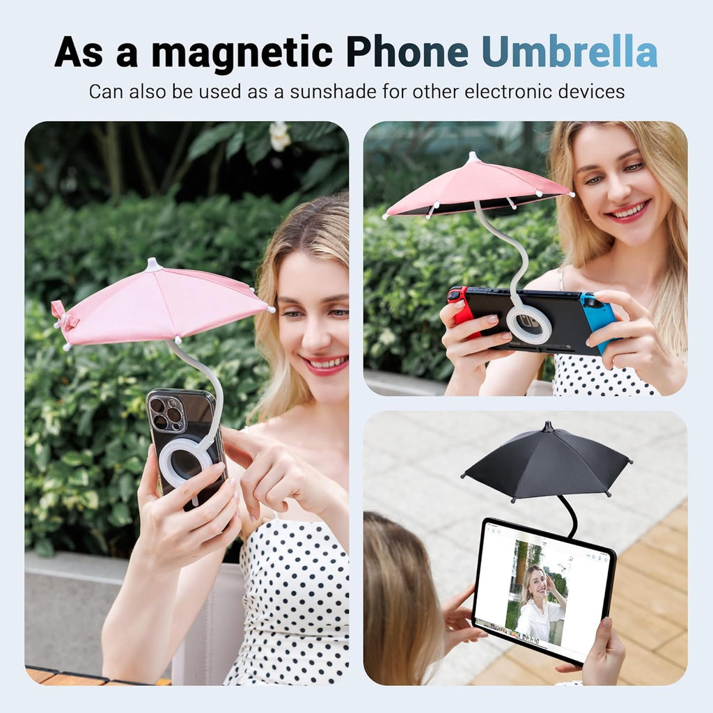 Kiorafoto Dual Magnetic Phone Umbrella for Sun,Cellphone Sunshade Shield Compatible with Magsafe Phone-Grip/Magsafe Car Phone-Holder,UPF45+ Phone Umbrella for iPhone 17 16 15 Pro Max Anti-Glare