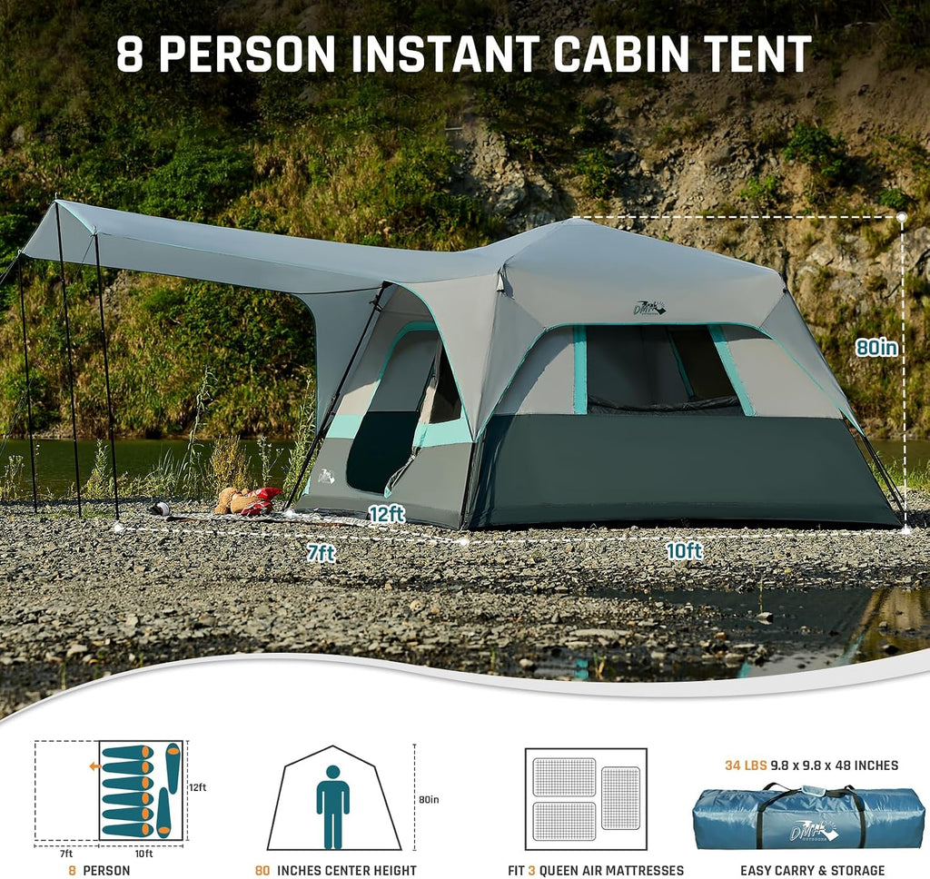 DMH OUTDOORS 8 Person Instant Tents for Camping with Porch Easy Setup 60s