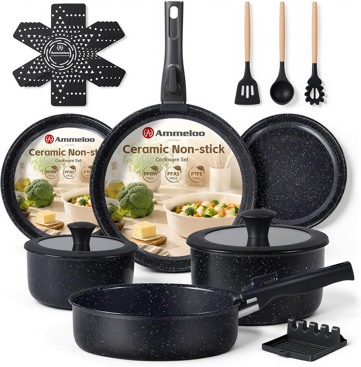 Ammeloo 21Pcs Pots and Pans Set Non Stick with Detachable Handle Frying Pan