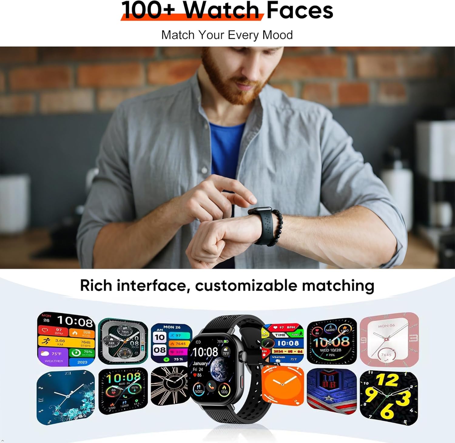 2026 Distance & Pace GPS Running Watch for Runners - Call & Text, AMOLED Large Screen, 50m Waterproof Swimming, Calorie & Step Counter, 2 Bands, Long Battery, for Seniors Men Women (Black)